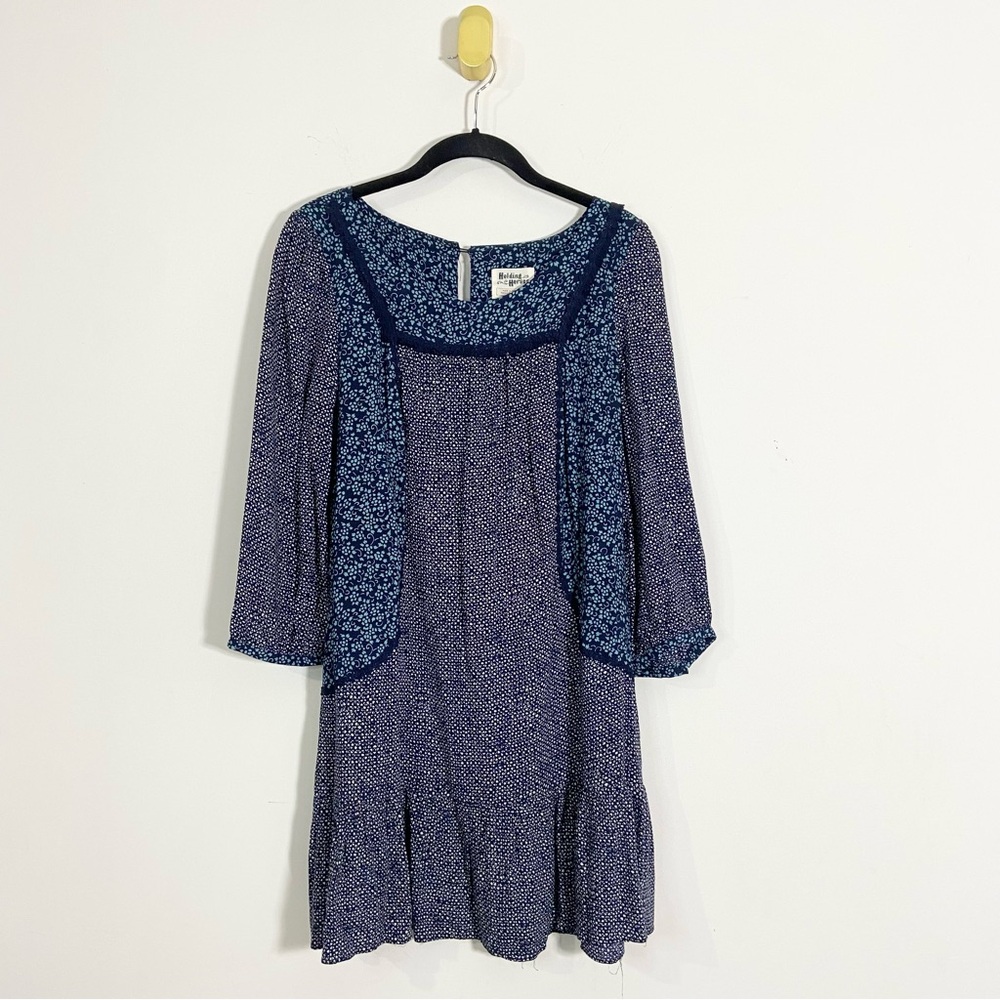 Holding Horses Anthropologie Blue Mixed Print Geometric Floral Scoop Neck Dress